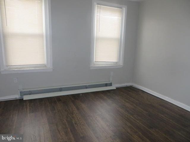 unfurnished room with dark hardwood / wood-style flooring and baseboard heating