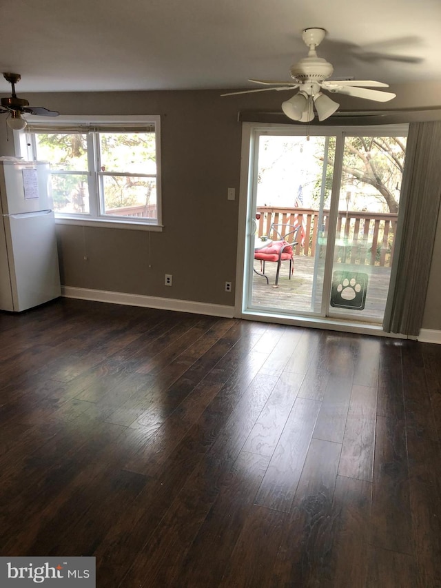 unfurnished room with ceiling fan and dark wood-type flooring