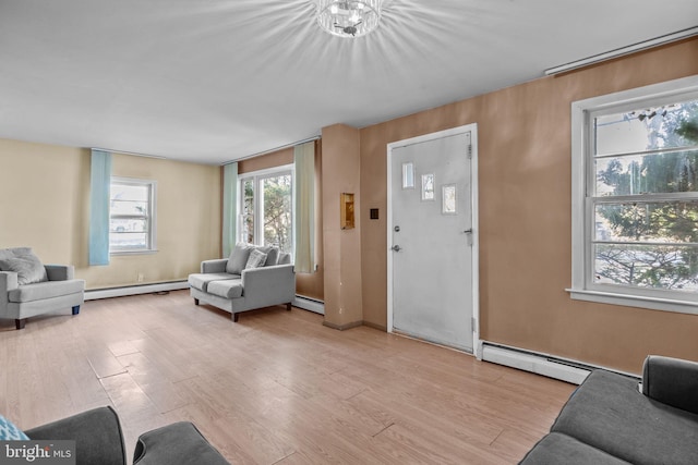 living room featuring a baseboard radiator and light hardwood / wood-style flooring