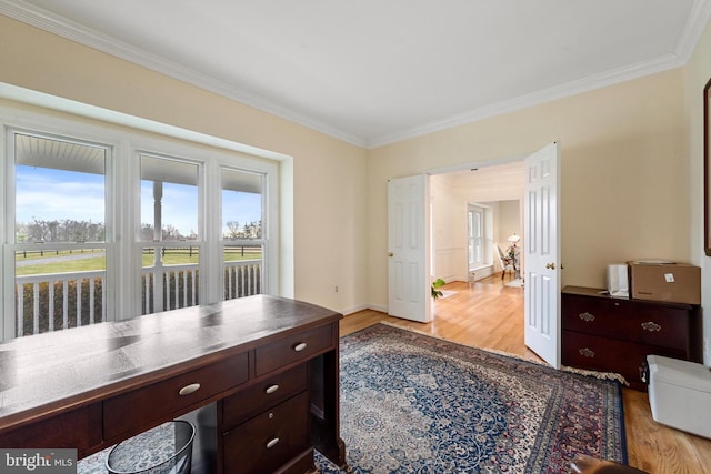 home office featuring ornamental molding and light wood-type flooring