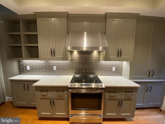 kitchen with electric range, backsplash, light hardwood / wood-style flooring, and wall chimney range hood