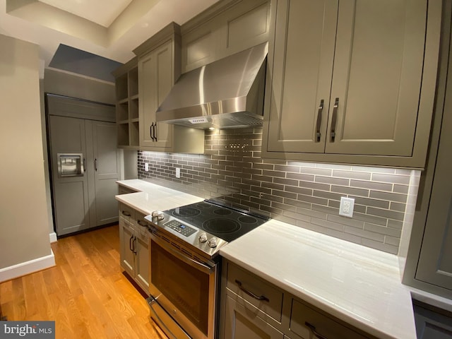 kitchen with light wood-type flooring, stainless steel electric range oven, wall chimney exhaust hood, and backsplash