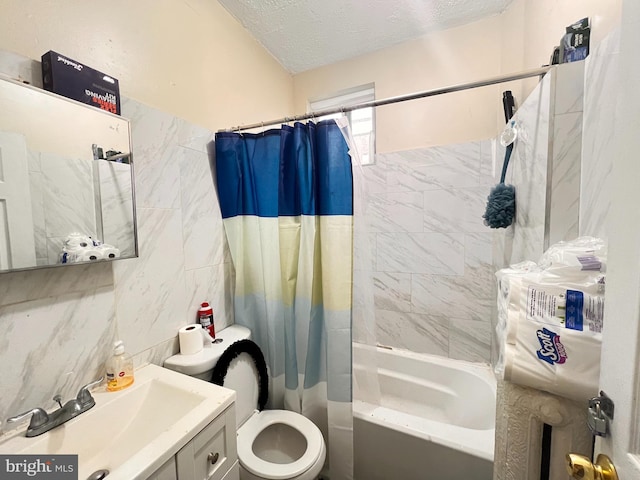 full bathroom with shower / bath combo, tile walls, a textured ceiling, decorative backsplash, and toilet