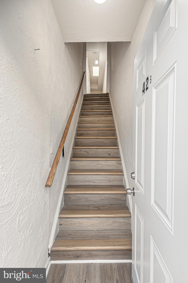 stairway featuring wood-type flooring