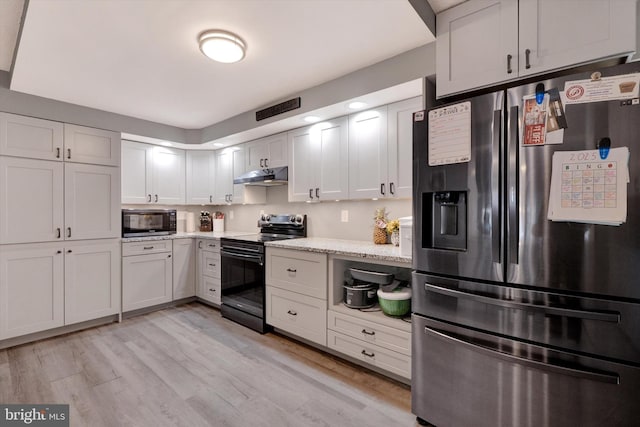 kitchen with light stone countertops, stainless steel fridge with ice dispenser, black electric range oven, light hardwood / wood-style floors, and white cabinets