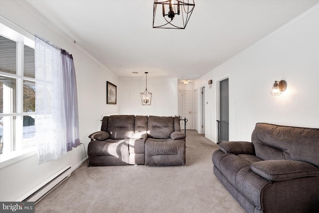 living room featuring baseboard heating, crown molding, and carpet floors