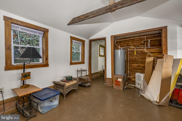 misc room with gas water heater, lofted ceiling, and concrete flooring