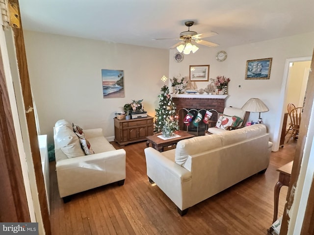 living room featuring ceiling fan and wood-type flooring