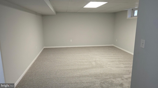 carpeted spare room featuring a drop ceiling