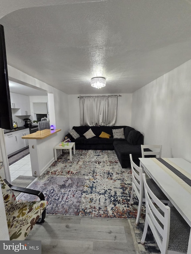 living room with a textured ceiling and light wood-type flooring