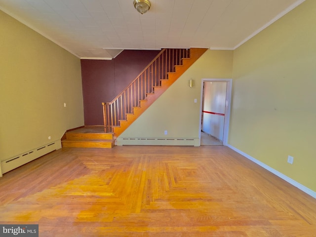 unfurnished room featuring parquet floors, a baseboard radiator, and ornamental molding