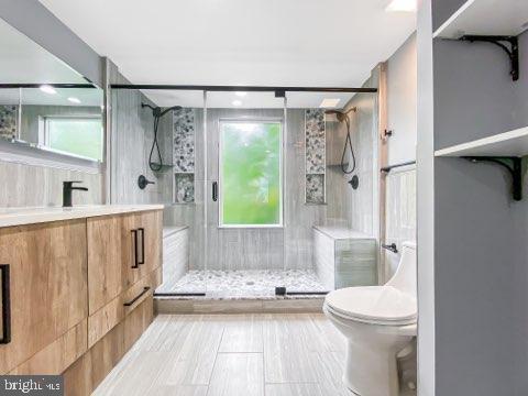 bathroom featuring vanity, a shower with door, toilet, and plenty of natural light