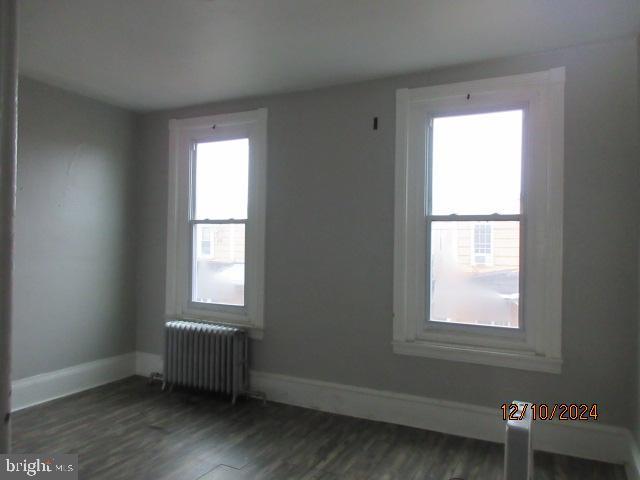 spare room with radiator, a wealth of natural light, and dark hardwood / wood-style floors