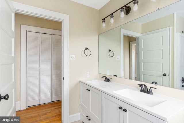 bathroom with wood-type flooring and vanity