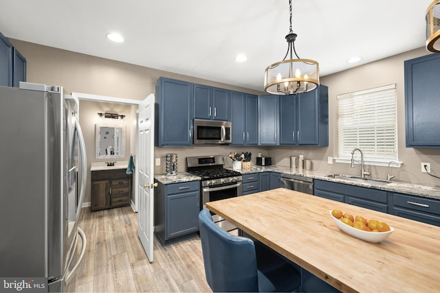 kitchen featuring light hardwood / wood-style flooring, sink, blue cabinetry, butcher block counters, and stainless steel appliances