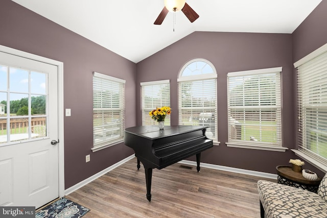 interior space with ceiling fan, hardwood / wood-style floors, and lofted ceiling