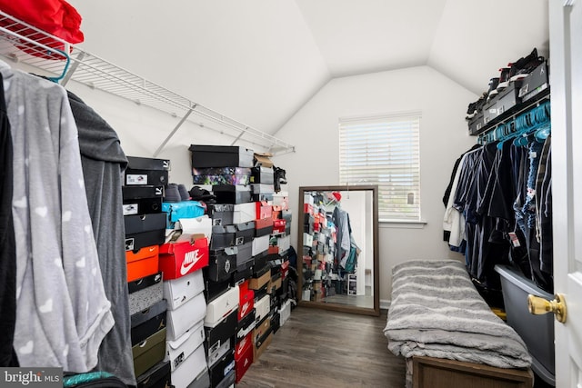 walk in closet featuring dark wood-type flooring and vaulted ceiling