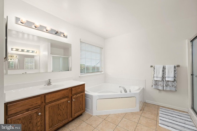 bathroom featuring vanity, separate shower and tub, and tile patterned flooring