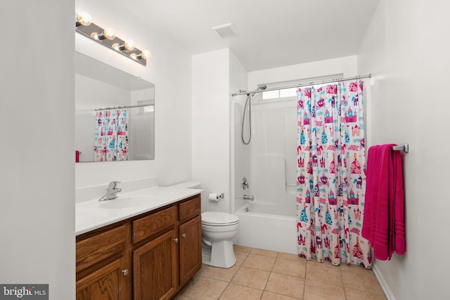 full bathroom featuring vanity, toilet, shower / tub combo with curtain, and tile patterned flooring