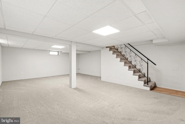 basement with carpet flooring and a drop ceiling