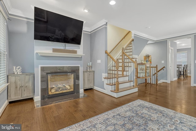 living room featuring ornamental molding and hardwood / wood-style flooring