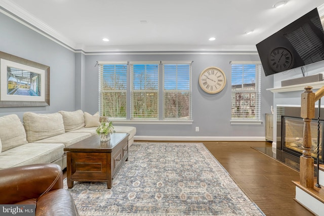 living room with dark hardwood / wood-style flooring and ornamental molding