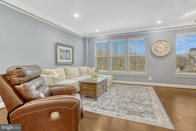 living room with wood-type flooring, plenty of natural light, and ornamental molding