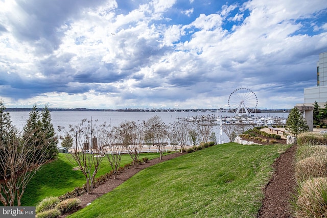 view of yard with a water view