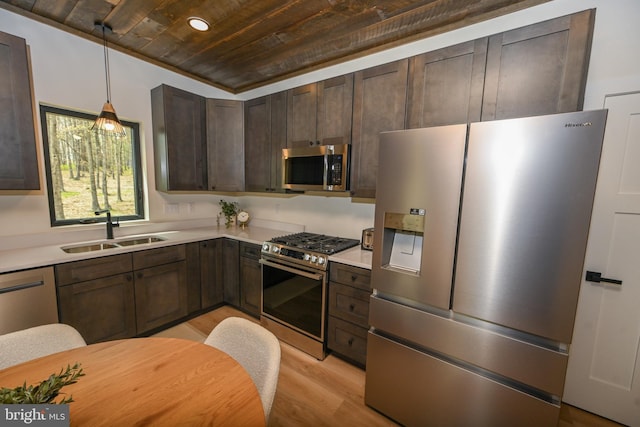 kitchen featuring appliances with stainless steel finishes, a sink, wooden ceiling, light wood-style flooring, and dark brown cabinets