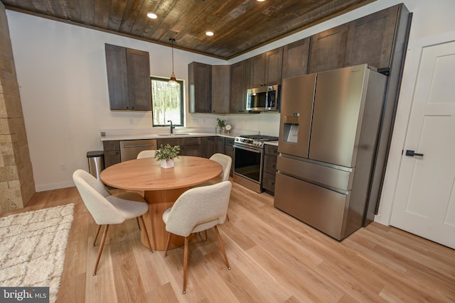 kitchen featuring stainless steel appliances, wood ceiling, dark brown cabinets, light wood-style flooring, and light countertops
