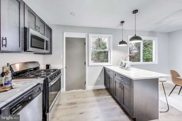 kitchen with kitchen peninsula, appliances with stainless steel finishes, light hardwood / wood-style floors, and a wealth of natural light