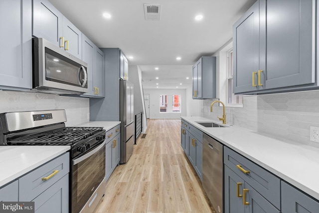 kitchen featuring gray cabinets, sink, stainless steel appliances, and light hardwood / wood-style floors