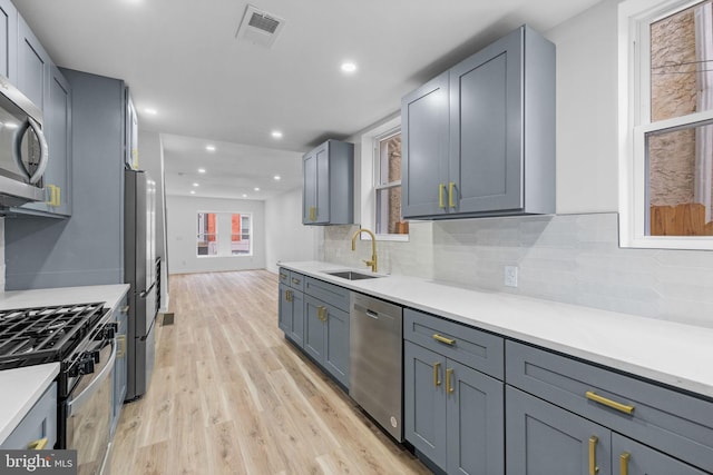 kitchen featuring gray cabinetry, sink, light wood-type flooring, tasteful backsplash, and stainless steel appliances