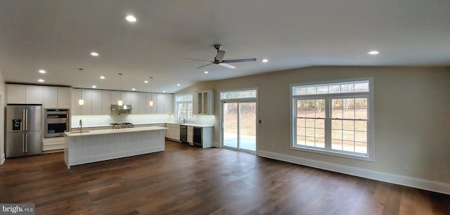 kitchen with white cabinets, appliances with stainless steel finishes, dark hardwood / wood-style floors, and plenty of natural light