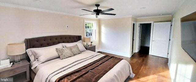 bedroom featuring wood-type flooring, ceiling fan, and ornamental molding