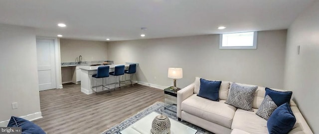 living room with hardwood / wood-style flooring and sink