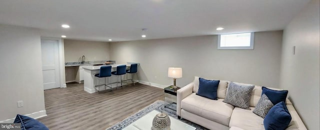 living room with hardwood / wood-style flooring and sink