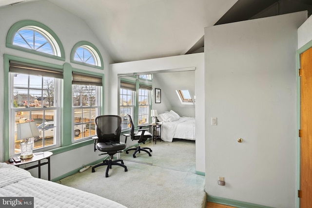 carpeted bedroom with lofted ceiling with skylight and multiple windows