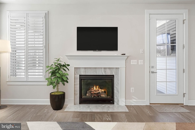 living room with a tile fireplace and wood-type flooring