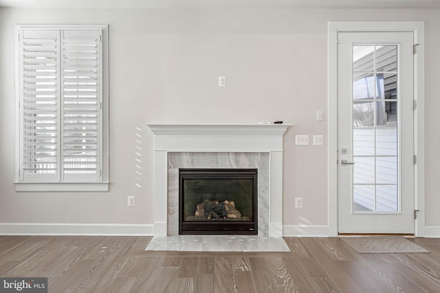 interior space with light hardwood / wood-style floors and a premium fireplace