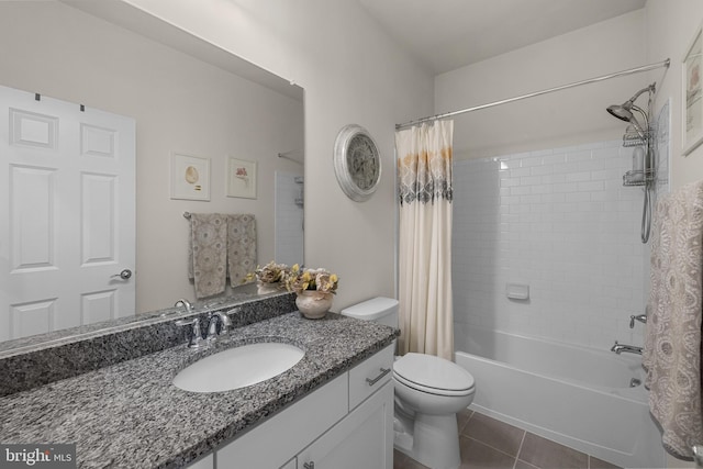 full bathroom with shower / bathtub combination with curtain, tile patterned flooring, vanity, and toilet