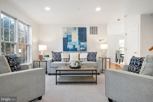 living room featuring crown molding, a healthy amount of sunlight, and light carpet