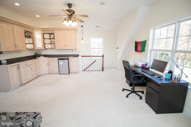 carpeted office featuring a wealth of natural light, sink, and ceiling fan