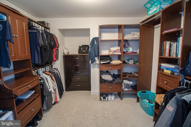 walk in closet with light carpet