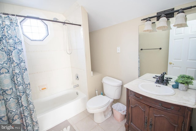 full bathroom featuring toilet, shower / bath combination with curtain, vanity, and tile patterned floors