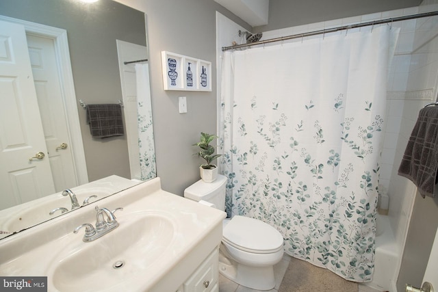 full bathroom featuring tile patterned flooring, vanity, toilet, and shower / tub combo with curtain