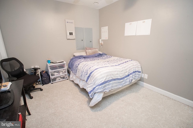 bedroom with carpet and electric panel