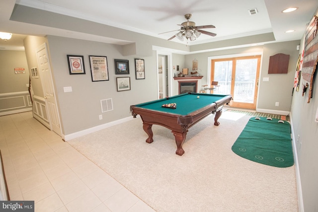 game room featuring light carpet, crown molding, ceiling fan, pool table, and a tray ceiling