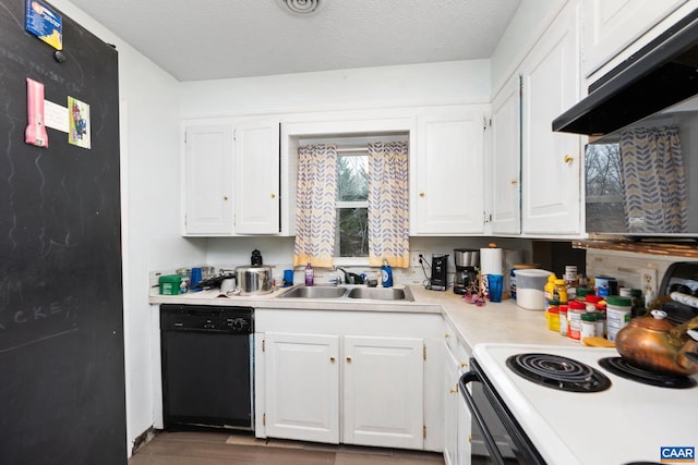 kitchen with a textured ceiling, sink, electric range, black dishwasher, and white cabinetry