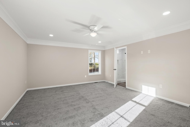 unfurnished room with ceiling fan, crown molding, and light carpet